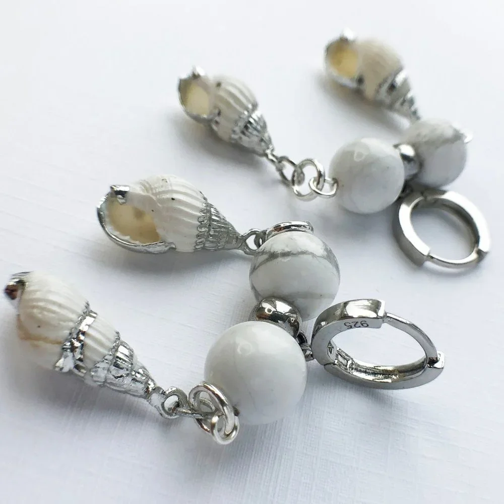 Unique White Shell Chunky Earrings, Handcrafted Howlite Dangle Hoops